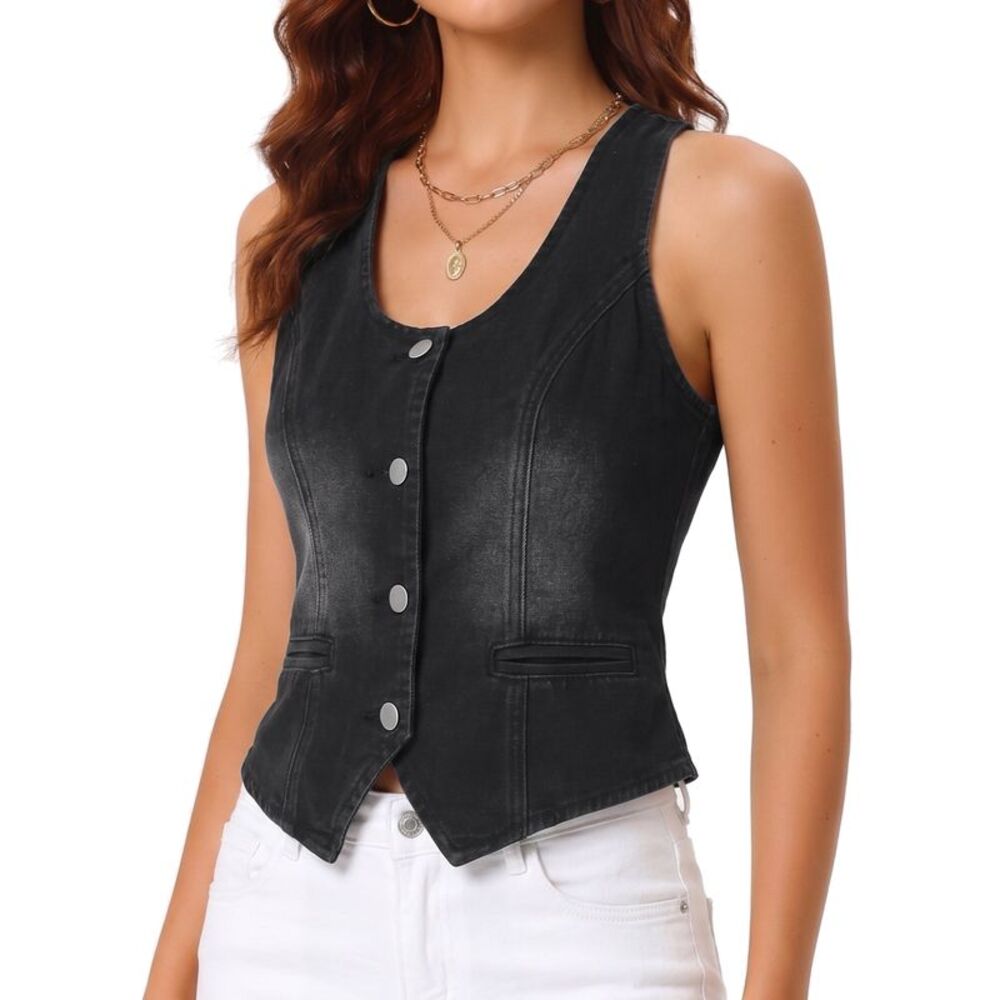 Women's Denim Vest Button Down U Neck Jean Vest Black